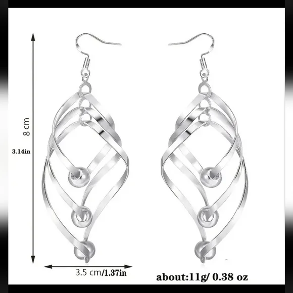 Twisted Geometric Chic Drop Silver Earrings | SZ 3" - Picture 2 of 4